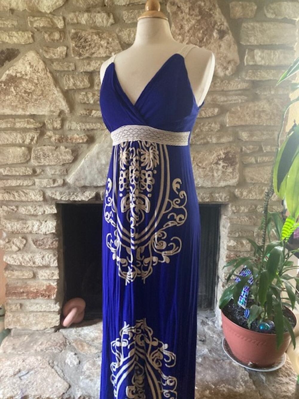 Blue & Cream Embroidered Boho Maxi Dress - Size Large